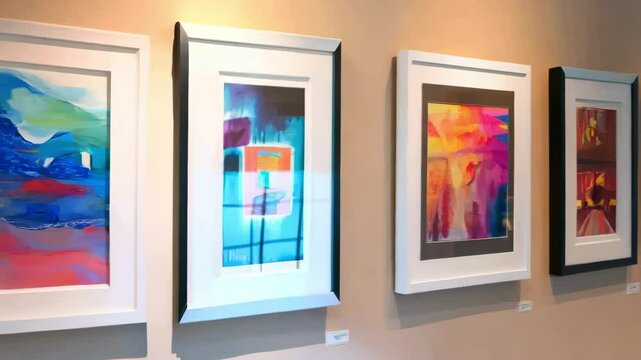 Colorful art gallery display with modern abstract paintings