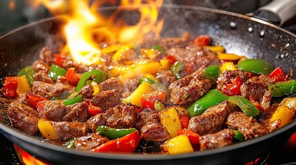 Beef stir-fry with bell peppers in a wok.