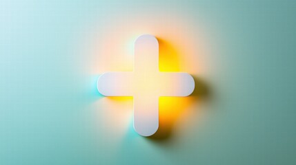 Obraz premium Glowing medical cross symbol on teal background with warm yellow light. Healthcare concept