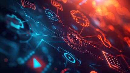 Glowing network connections with various icons.