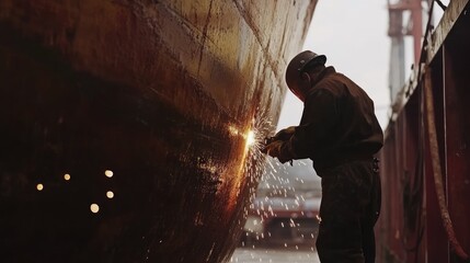 Fototapeta premium Worker Welding a Ship Hull in a Shipyard Under Dim Light Conditions