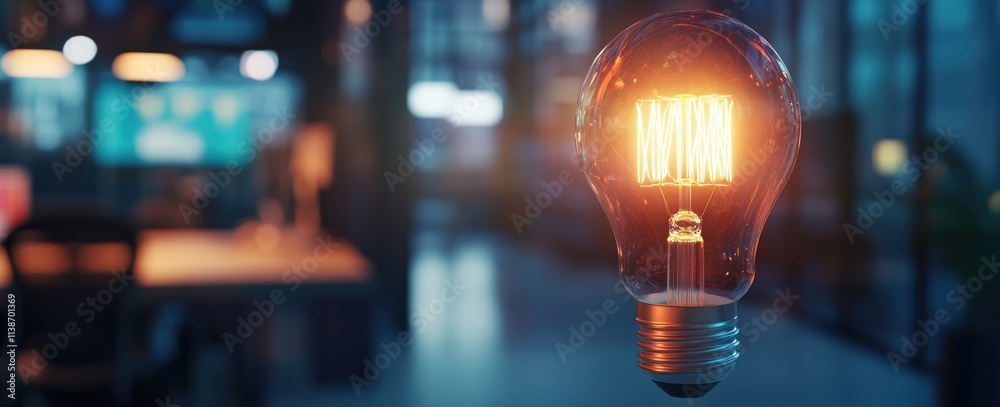 Poster illuminated filament bulb in office with soft focus background.