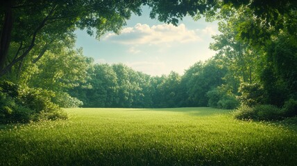 Obraz premium Serene meadow surrounded by majestic oak trees nature scene tranquil environment wide angle view