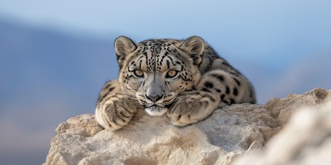 Fototapeta premium A snow leopard rests on a rock showcasing its fur pattern, sharp gaze, and majestic stance under a clear sky.