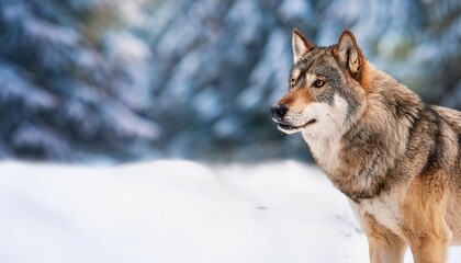 Obraz premium a beautiful adult wolf stands in the snow against a blurred background of a snowy forest panoramic banner with copy space