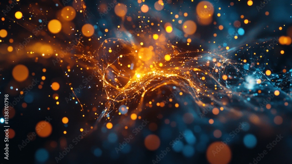 Poster abstract digital art with glowing orbs and wispy lines.