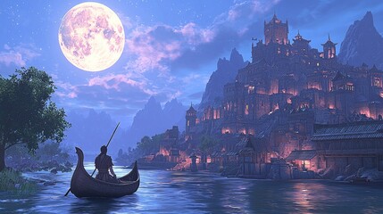 Obraz premium A serene night scene featuring a boatman near a glowing city under a full moon.
