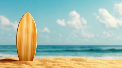 Surfboard resting on golden sand by the ocean beach scene sunny day relaxing atmosphere coastal view