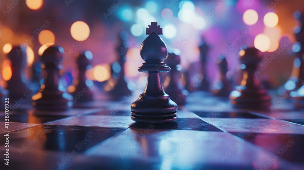 Poster Chess piece on checkered board with bokeh background.