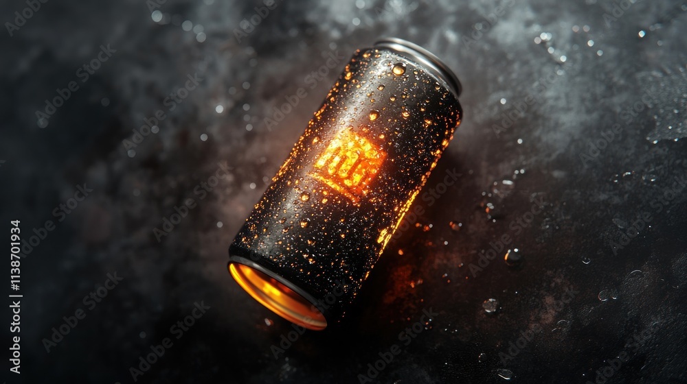 Poster glowing can with condensation on a dark surface.