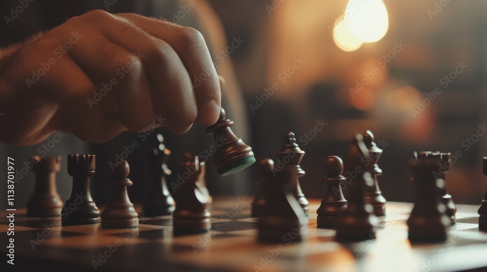 Poster hand moves a pawn piece on chess board; strategy game in focus.