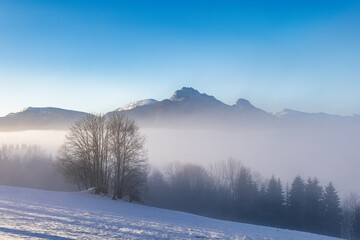 Snowy winter landscape in a misty sunny morning. The Mala Fatra national park in northwest of Slovakia, Europe.