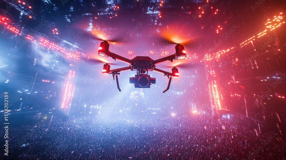 Poster drone flies over crowd with colorful lights and motion blur.