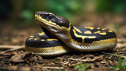 Obraz premium Close-up of a coiled python with vibrant black and yellow patterns, resting on a natural forest floor surrounded by leaves and twigs. 