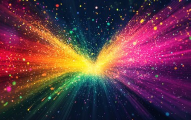 A rainbow starburst heart with dynamic streaks of color, glowing mid-air on a dark navy blue background