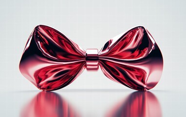 A shiny metallic red ribbon bow with a glossy finish, surrounded by subtle reflections on white background