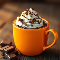 Hot Chocolate Drink in Orange cup closeup drink or winter beverage.  Chocolate candy on the side, this hot cocoa has whipped cream and chocolate shavings in this beautiful AI generated image