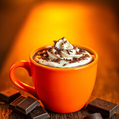 Cup of cocoa closeup, this hot comforting classic hot chocolate served with whipped cream and chocolate shavings. Chocolate candy bars sections on the side with a wood surface and dynamic lighting.  