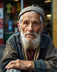 Portret starszego mężczyzny w tradycyjnym niebieskim turbanie na tle wiejskiego otoczenia.

