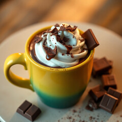 Closeup Hot Chocolate Drink in Mug with whipped cream and chocolate shavings.  Comforting inviting winter beverage, AI generated.