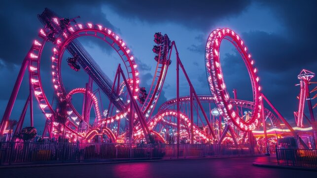 Rollercoaster with pink lights under stormy sky at night.