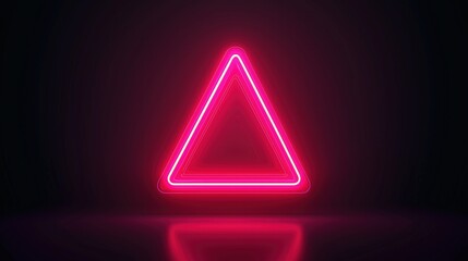 Neon pink triangular warning sign on black background. Safety and attention concept