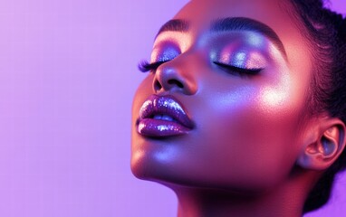 A woman with a dreamy purple and silver smokey eye and glowing highlighter on a soft lavender background