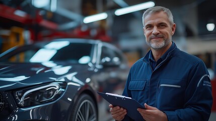 A confident auto mechanic in a work suit standing next to a raised car and explaining a repair plan to a customer