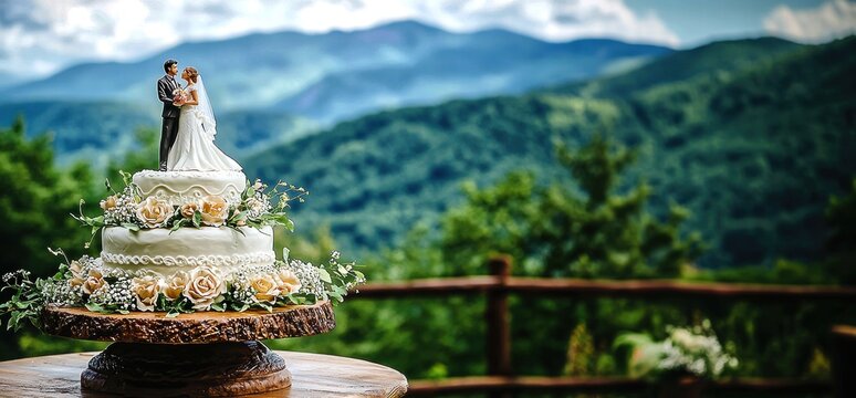 Elegant wedding cake with a romantic couple figurine, set against a stunning mountain backdrop.
