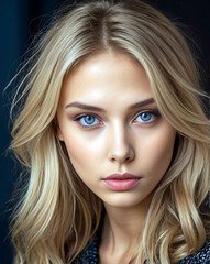 Obraz premium Close-up portrait of a young woman with striking blue eyes, smooth skin, and blonde wavy hair, set against a soft dark background. 