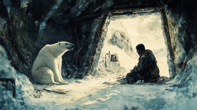 Painting of man sitting next to polar bear. Eskimo and bear in den together. Man with a stuffed bear in ancient winter. A man and a eskimo reunite in a lifestyle den in winter.