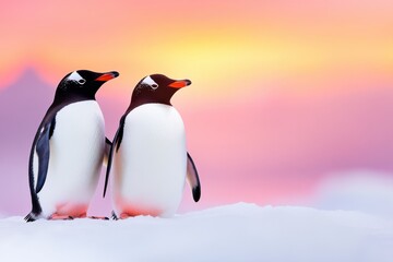 Fototapeta premium Pair of penguins enjoy a tranquil sunset on icy terrain with soft pink and orange hues reflecting on the snow