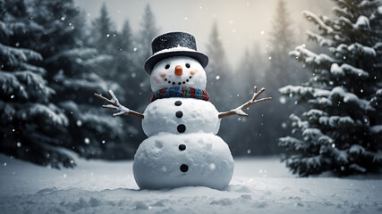 A happy snowman with a black hat and scarf stands in a snowy winter forest surrounded by falling snowflakes and pine trees.  
