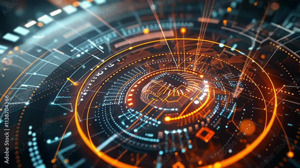 Poster Futuristic circular interface with glowing orange and blue lights processing data and showing complex connections, representing advanced technology and innovation