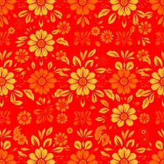 Red Floral Delight: A vibrant and cheerful seamless pattern featuring stylized golden yellow flowers on a rich red background. Perfect for textiles, wallpapers, and festive designs. 