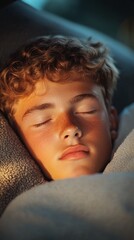 Teenage Boy Sleeping Peacefully Amid Warm Lighting, Highlighting Serenity and Calm