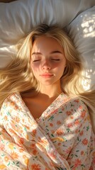 Fototapeta premium Young Woman in Floral Nightgown Peacefully Sleeping in Sunlit Room
