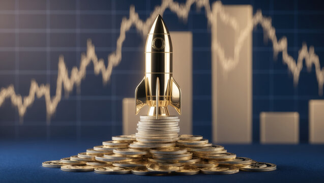 Golden rocket launching amidst a backdrop of rising digital currency trends and fluctuating rates