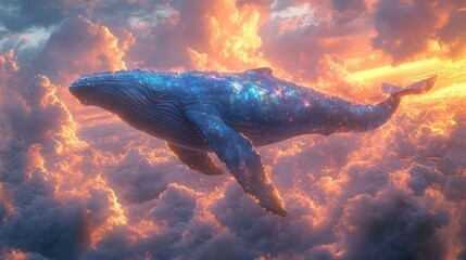 Celestial whale soaring through vibrant sunset clouds.