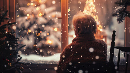 old woman sitting on a chair on christmas in a retirement home