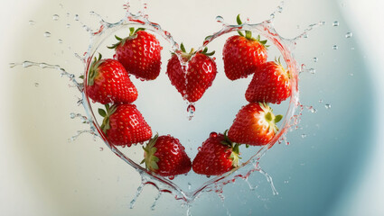 Juicy strawberries create a heart shape with splashes of water in a refreshing display of summer delight