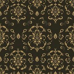 Gold Damask Pattern on Black Background: A seamless, opulent pattern featuring intricate gold damask designs on a black background, perfect for adding a touch of elegance and sophistication. 