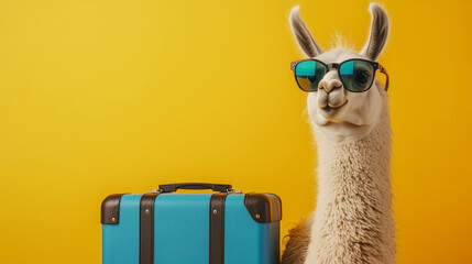 Funny llama wearing sunglasses next to a blue suitcase on a yellow background. Travel and vacation concept.