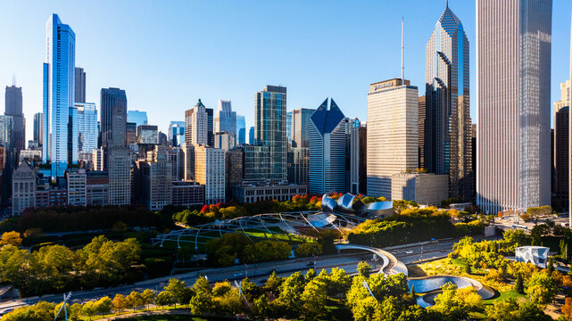 Aerial view  of Golden Hour in Downtown Chicago: A Stunning Skyline Over Millennium Park&rdquo;