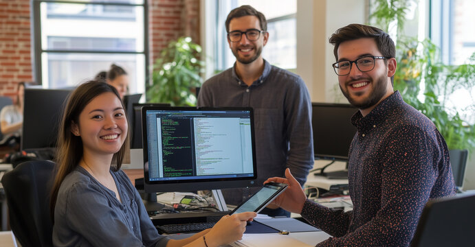 Team of smiling software developers collaborating in a modern office space, showcasing teamwork, technology, and creativity in a dynamic work environment