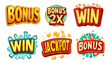 Casino win stickers. Gambling sticker pack cartoon icons set, bonus 2x jackpot winner gamble game winner poker card player or success luck slots prize notification vector illustration