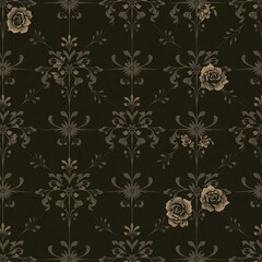 Fototapeta premium Dark Floral Damask Pattern: Elegant and sophisticated, this seamless dark damask pattern features delicate roses and intricate scrollwork.