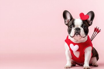 French bulldog in Cupid costume with bow and arrows against soft pink backdrop in studio setting for playful Valentines theme