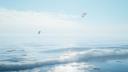 Kitesurfers enjoy sea with sky.