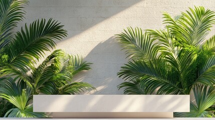 Fototapeta premium Tropical plants by a textured wall, sunlit.